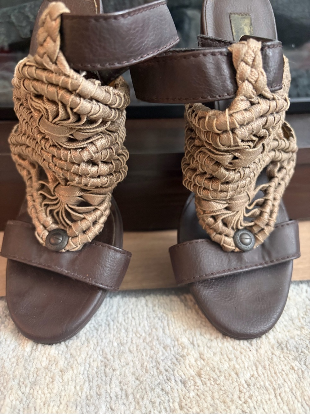 Calvin Klein Jeans Brown Bronze Woven Braided Block Heel Sandals